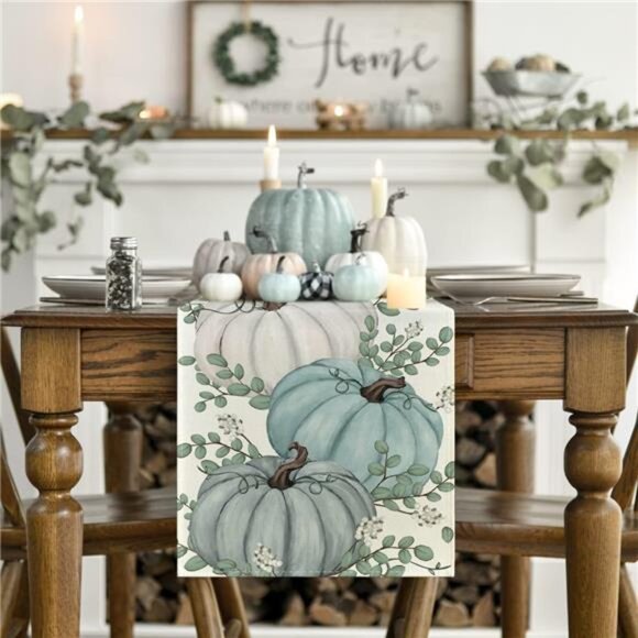 Pumpkins & Eucalyptus Leaves Fall Table Runner, 13x72 Inch, Thanksgiving Decor - Picture 2 of 7